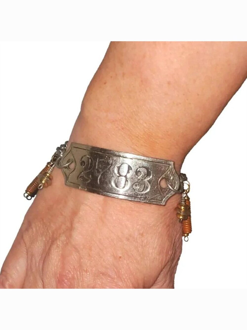 Vintage Industrial Number Locker Tag Bracelet Beads Charm Steampunk Jewelry